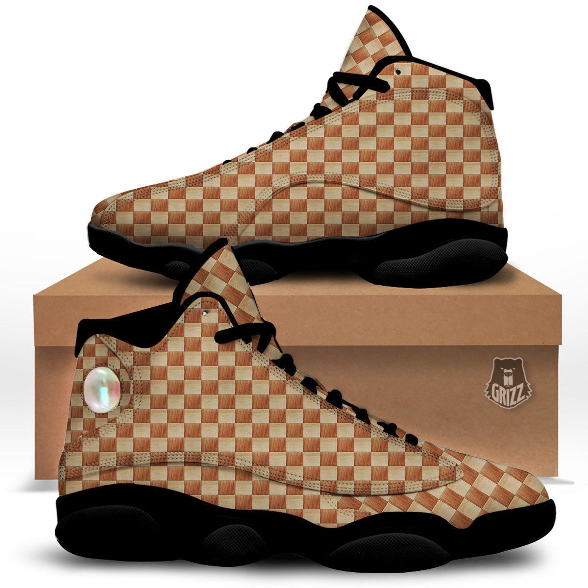 Chess Board Wood Print Pattern Black Basketball Shoes-grizzshop