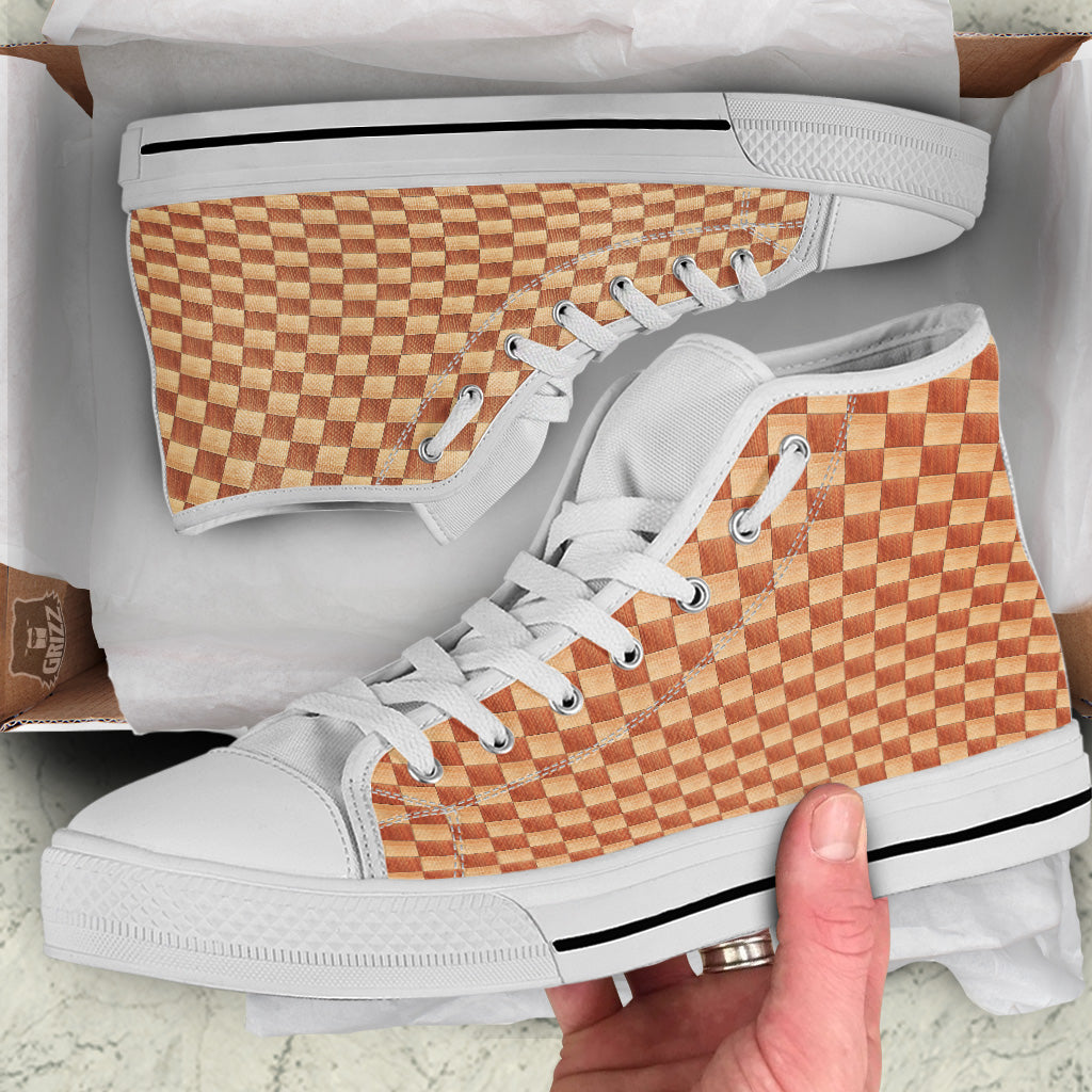 Chess Board Wood Print Pattern White High Top Shoes-grizzshop