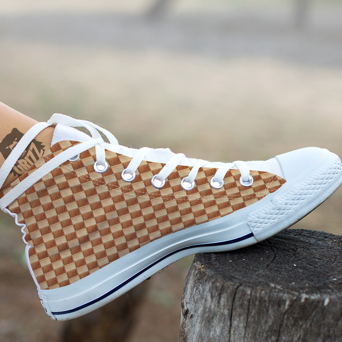 Chess Board Wood Print Pattern White High Top Shoes-grizzshop
