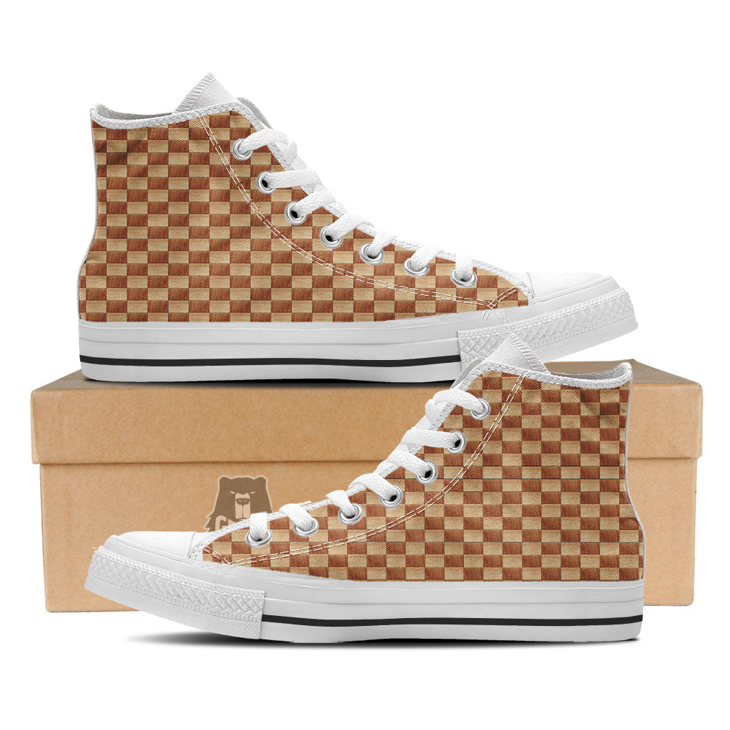 Chess Board Wood Print Pattern White High Top Shoes-grizzshop