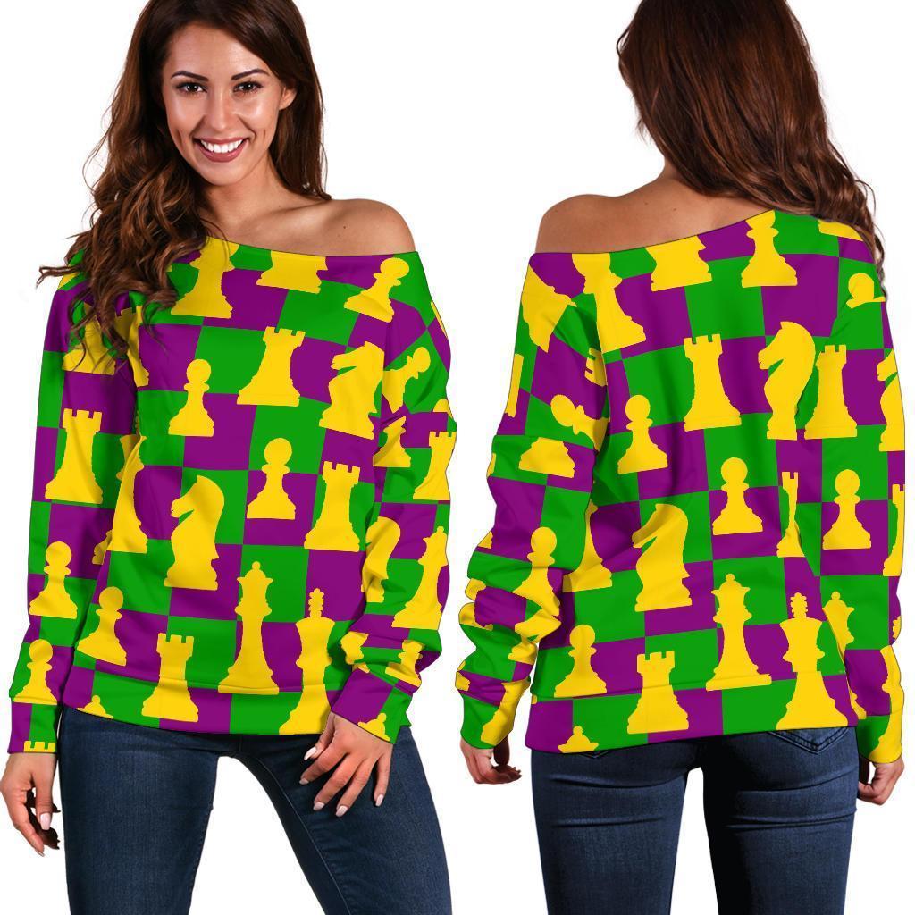 Chess Color Pattern Print Women Off Shoulder Sweatshirt-grizzshop