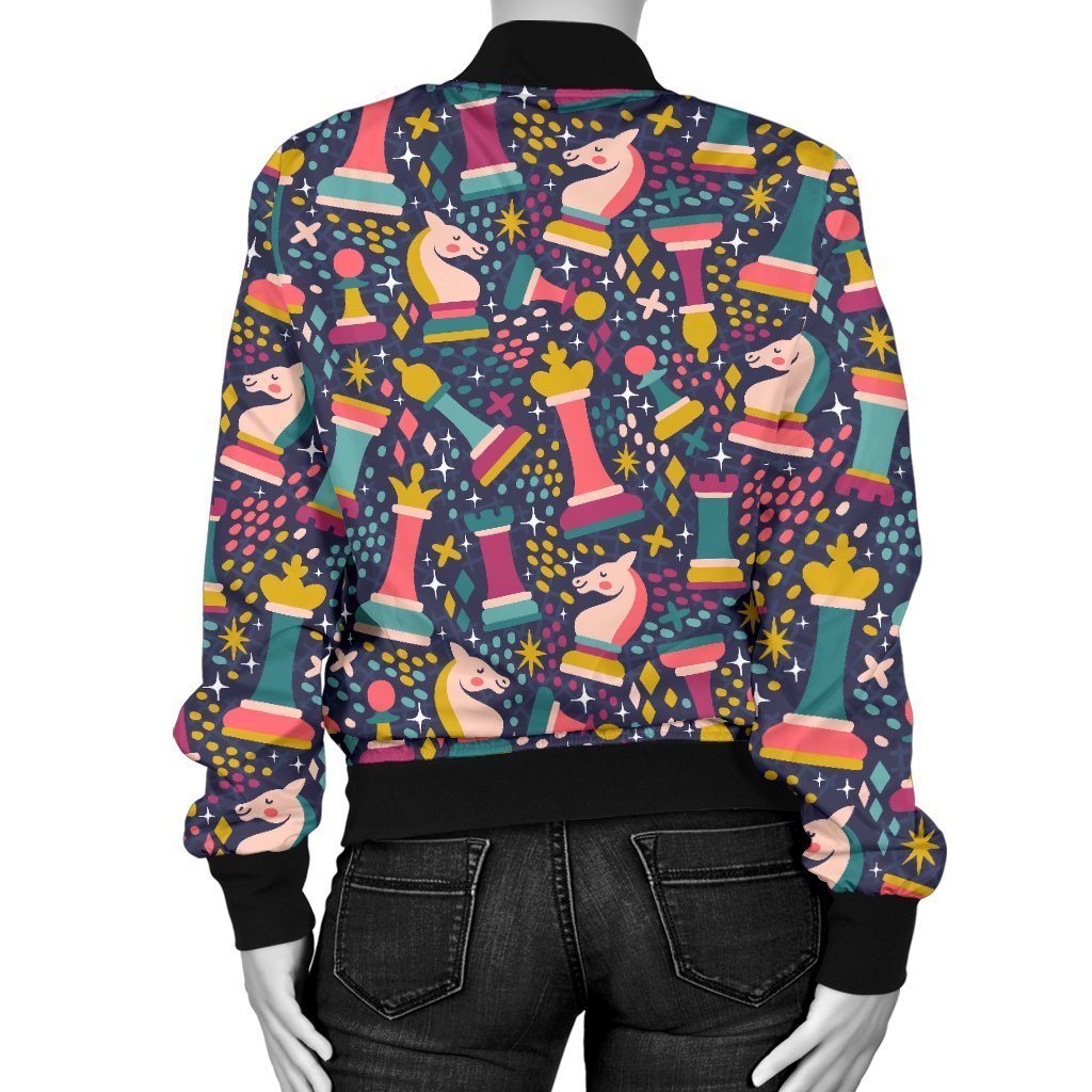Chess Colorful Pattern Print Women Casual Bomber Jacket-grizzshop