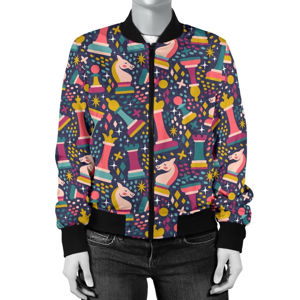 Chess Colorful Pattern Print Women Casual Bomber Jacket-grizzshop