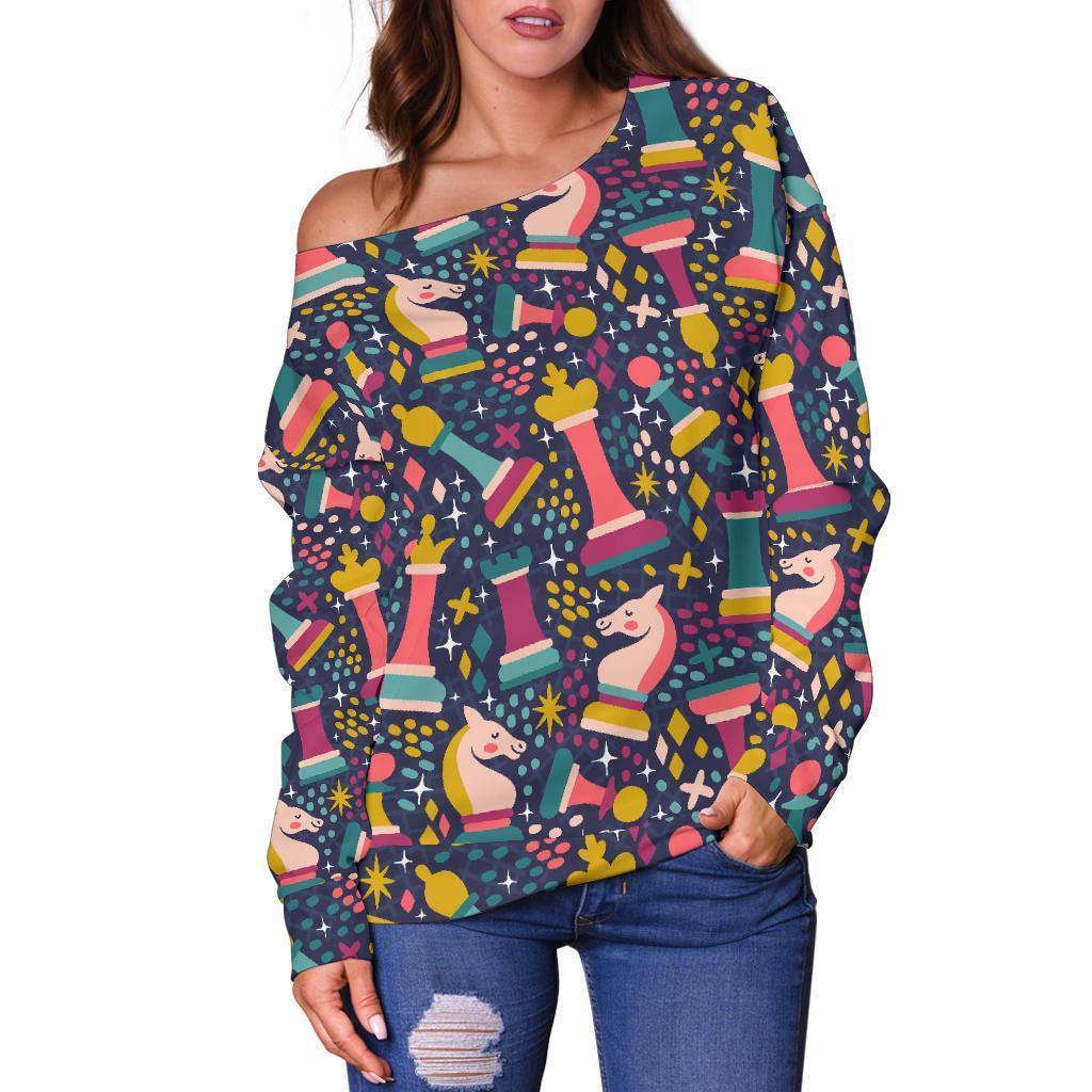Chess Colorful Pattern Print Women Off Shoulder Sweatshirt-grizzshop