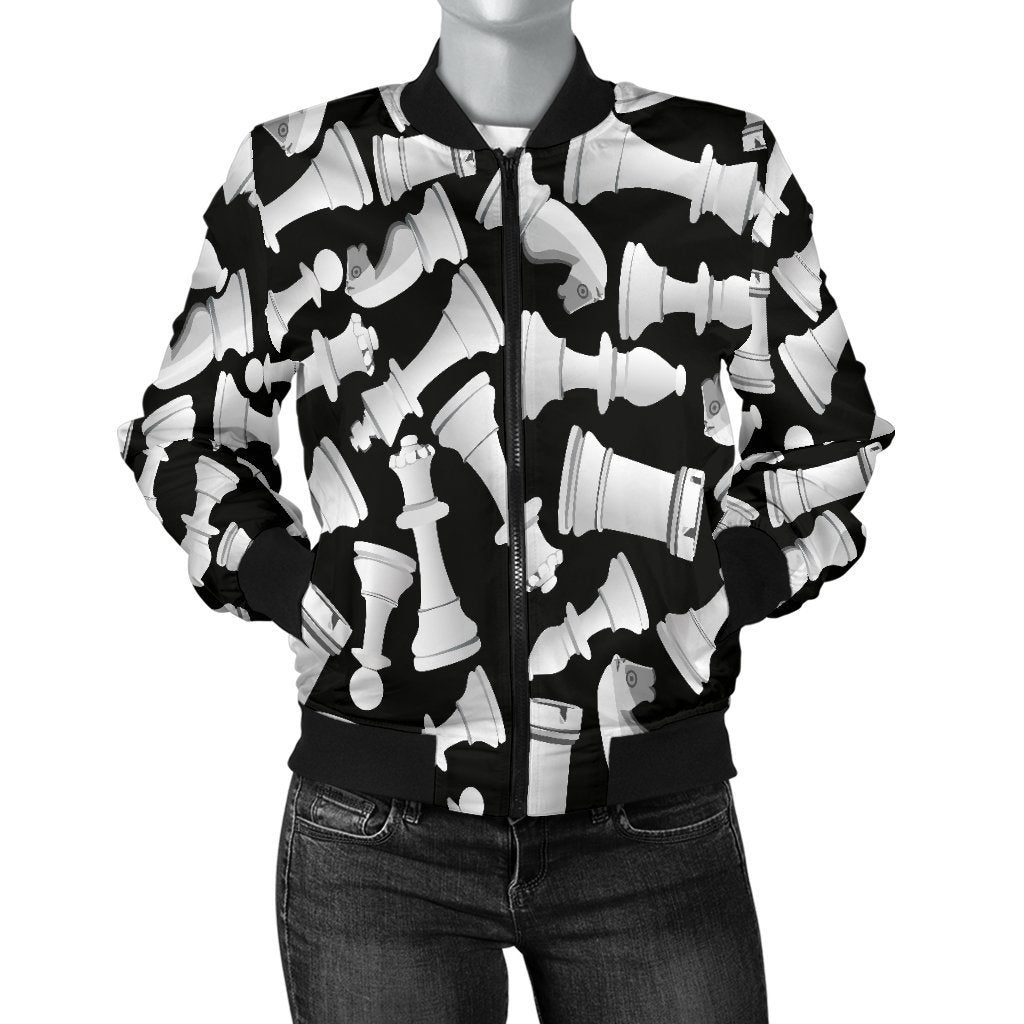 Chess Pattern Print Women Casual Bomber Jacket-grizzshop