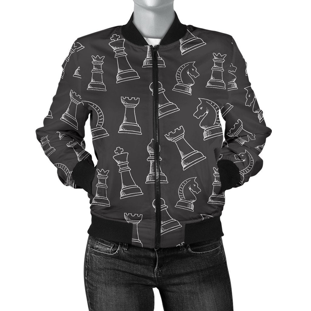 Chess Print Pattern Women Casual Bomber Jacket-grizzshop