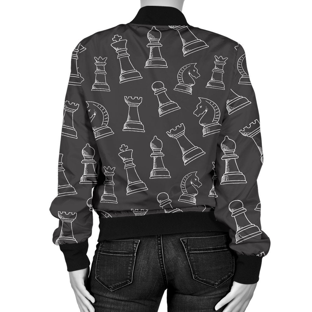 Chess Print Pattern Women Casual Bomber Jacket-grizzshop