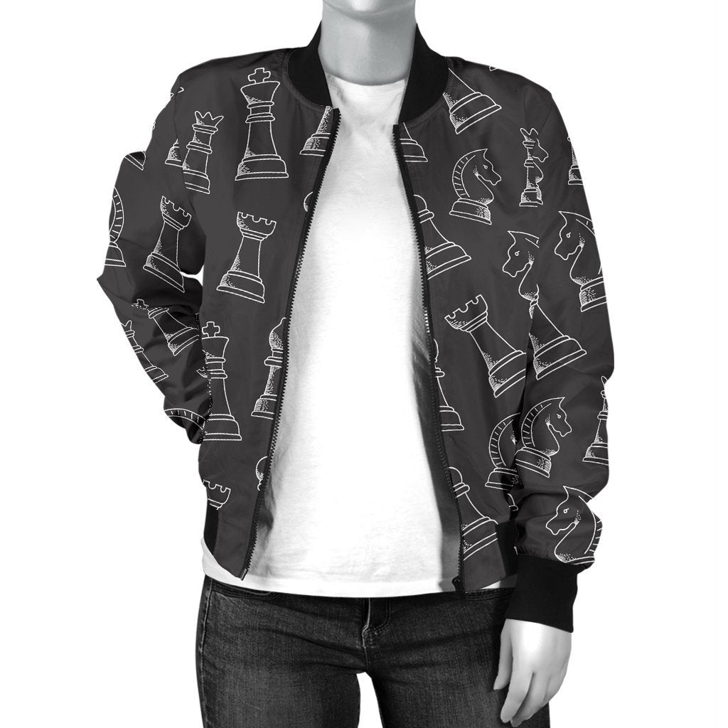 Chess Print Pattern Women Casual Bomber Jacket-grizzshop