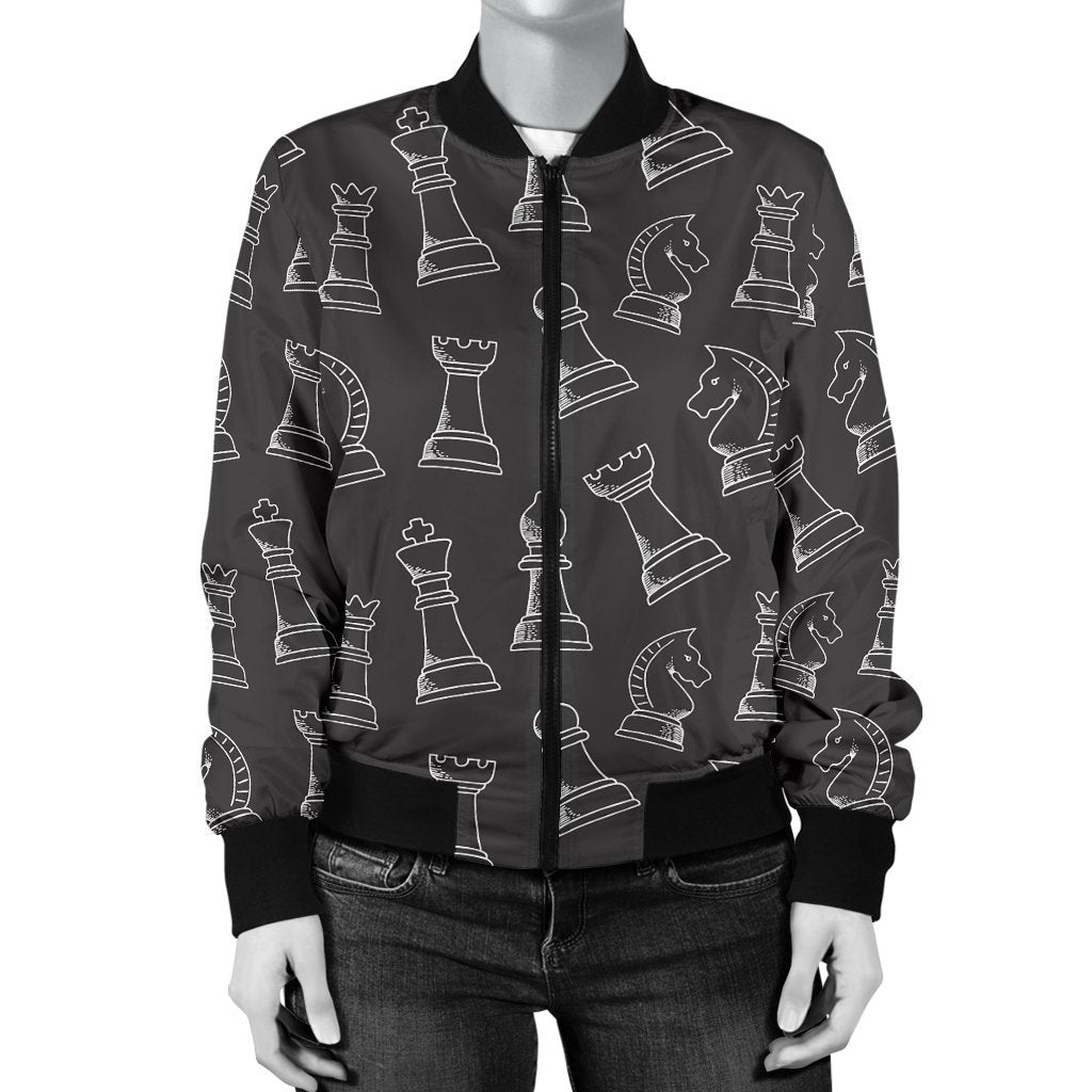Chess Print Pattern Women Casual Bomber Jacket-grizzshop