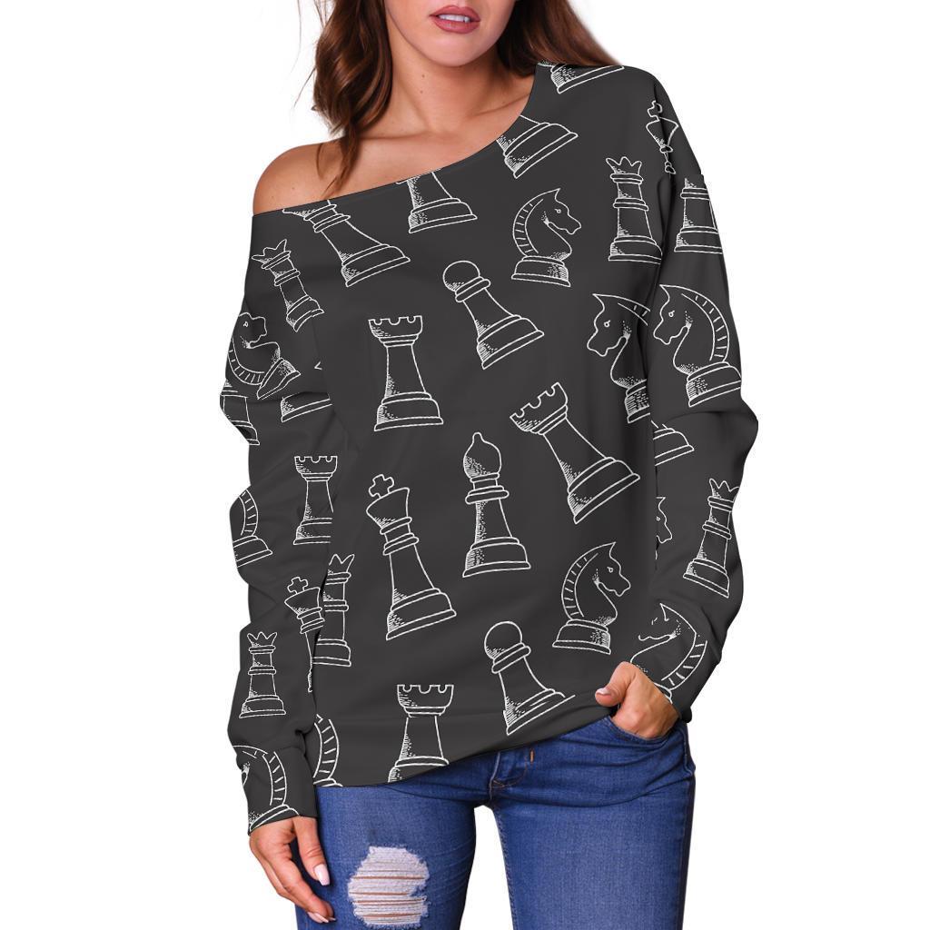 Chess Print Pattern Women Off Shoulder Sweatshirt-grizzshop