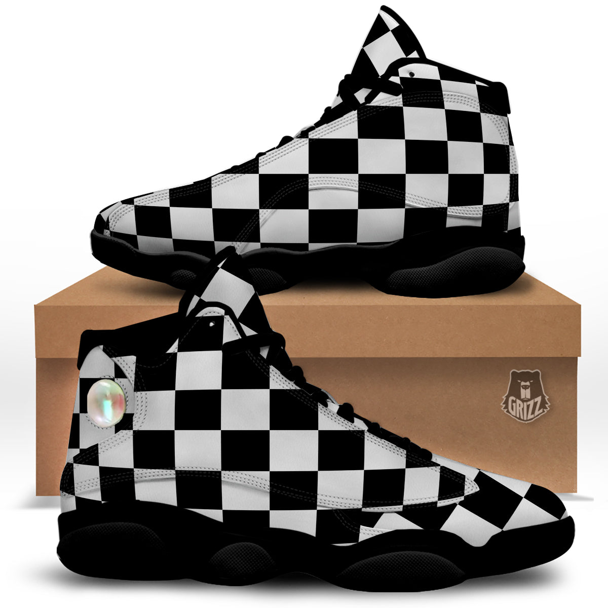 Chessboard Sphere Print Black Basketball Shoes-grizzshop