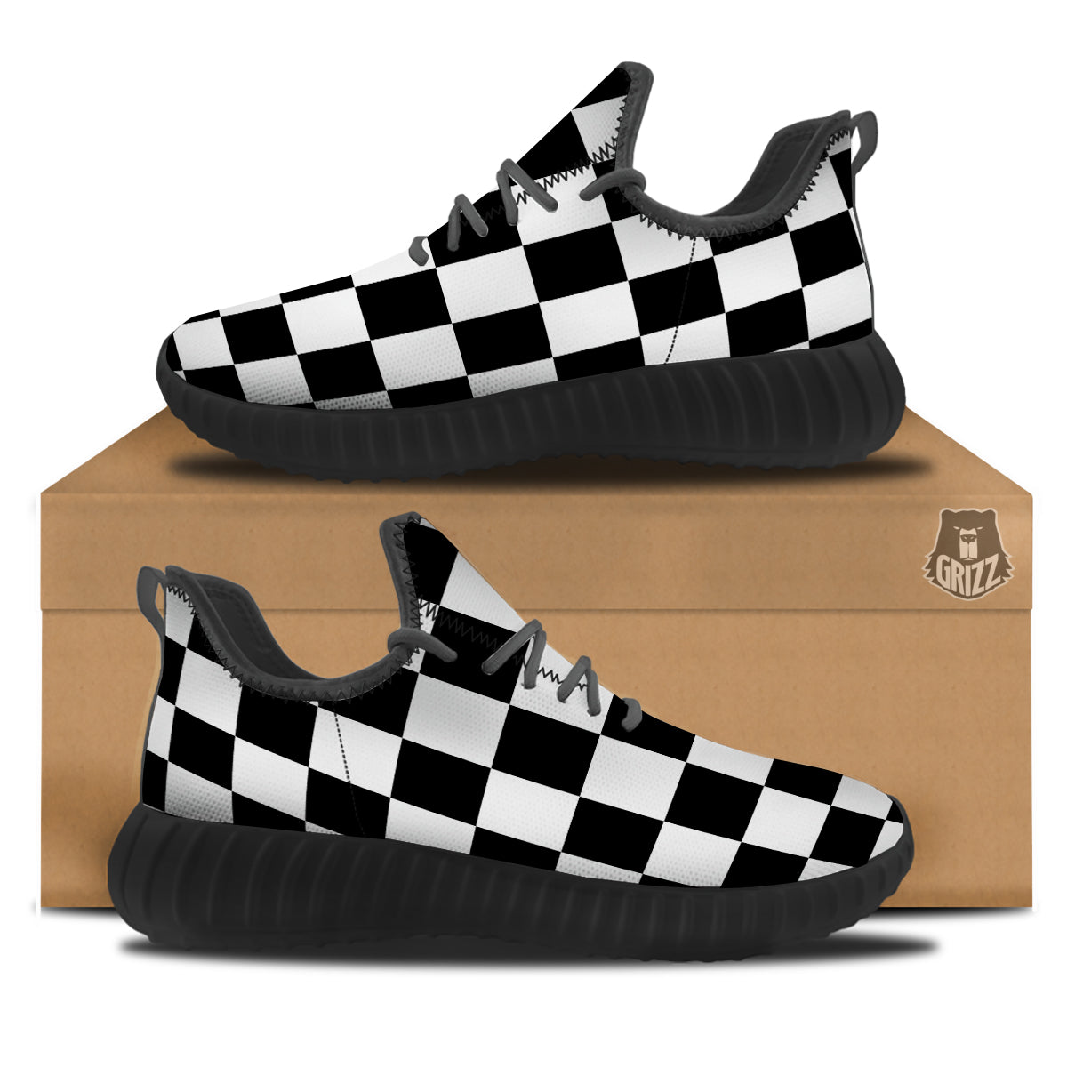 Chessboard Sphere Print Black Walking Shoes-grizzshop