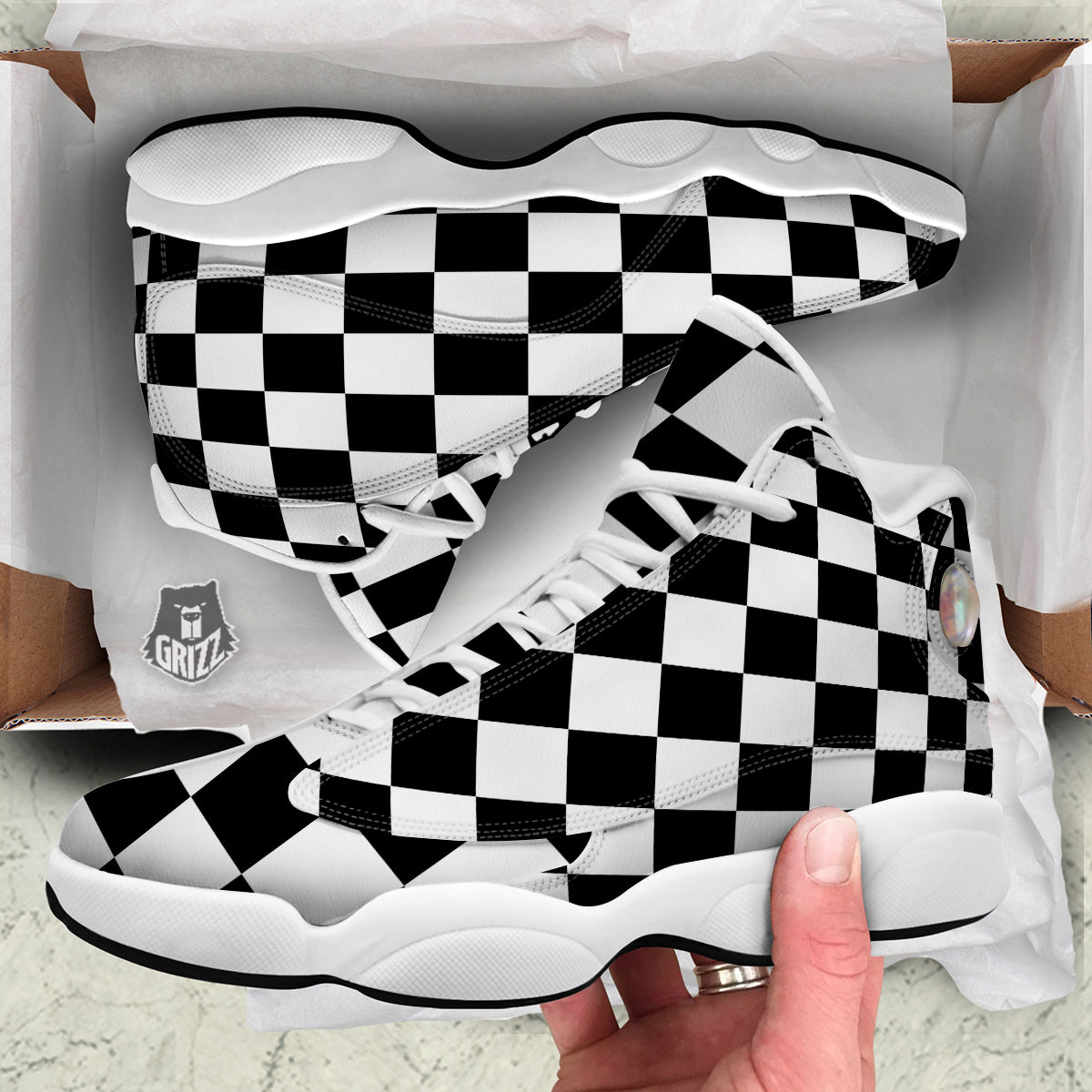 Chessboard Sphere Print White Basketball Shoes-grizzshop