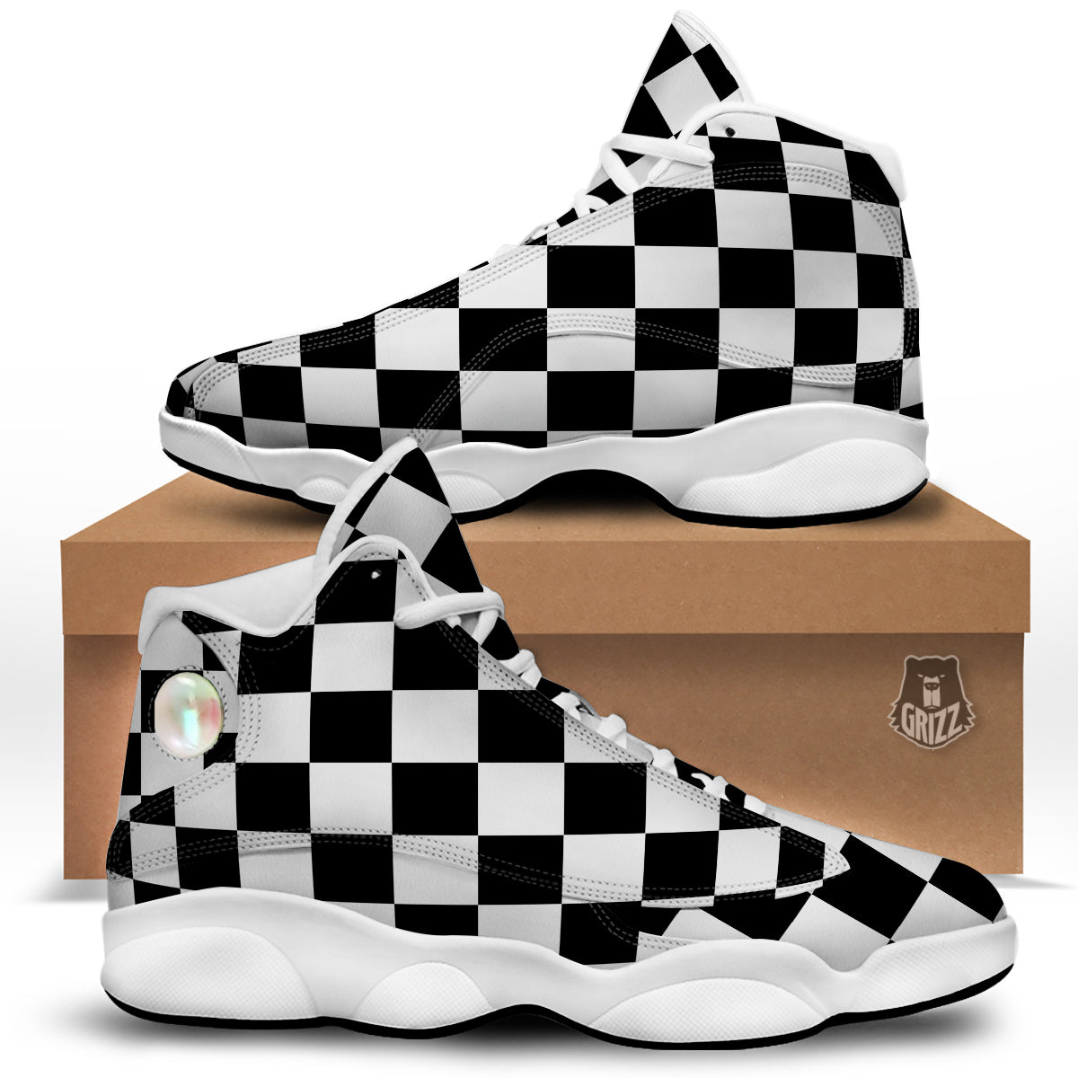 Chessboard Sphere Print White Basketball Shoes-grizzshop