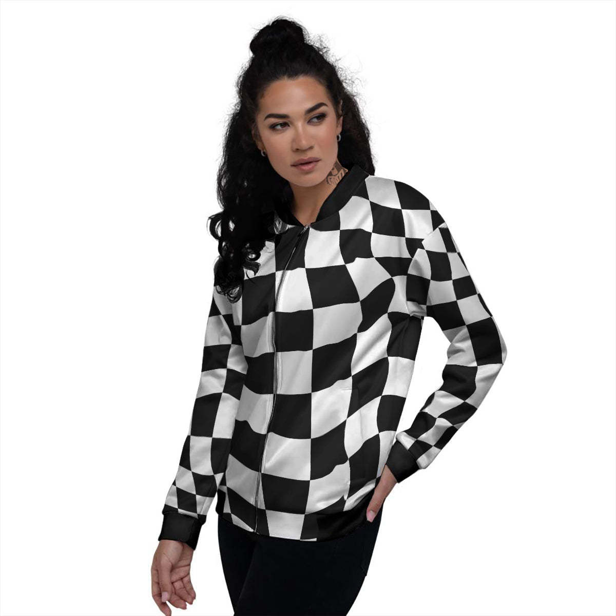 Chessboard Sphere Print Women's Bomber Jacket-grizzshop