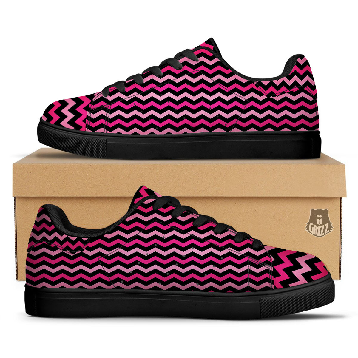 Chevron Black And Pink Print Pattern Black Low Top Sneakers-grizzshop