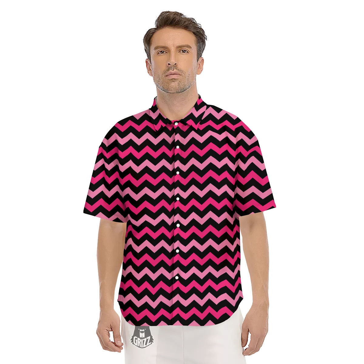 Chevron Black And Pink Print Pattern Men's Short Sleeve Shirts-grizzshop