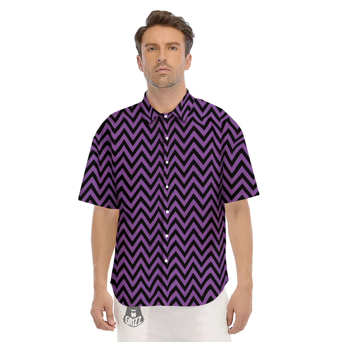 Chevron Black And Purple Print Pattern Men's Short Sleeve Shirts-grizzshop