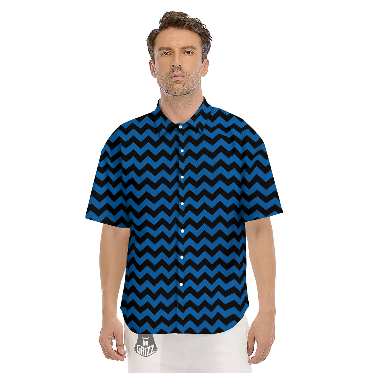 Chevron Blue And Black Print Pattern Men's Short Sleeve Shirts-grizzshop