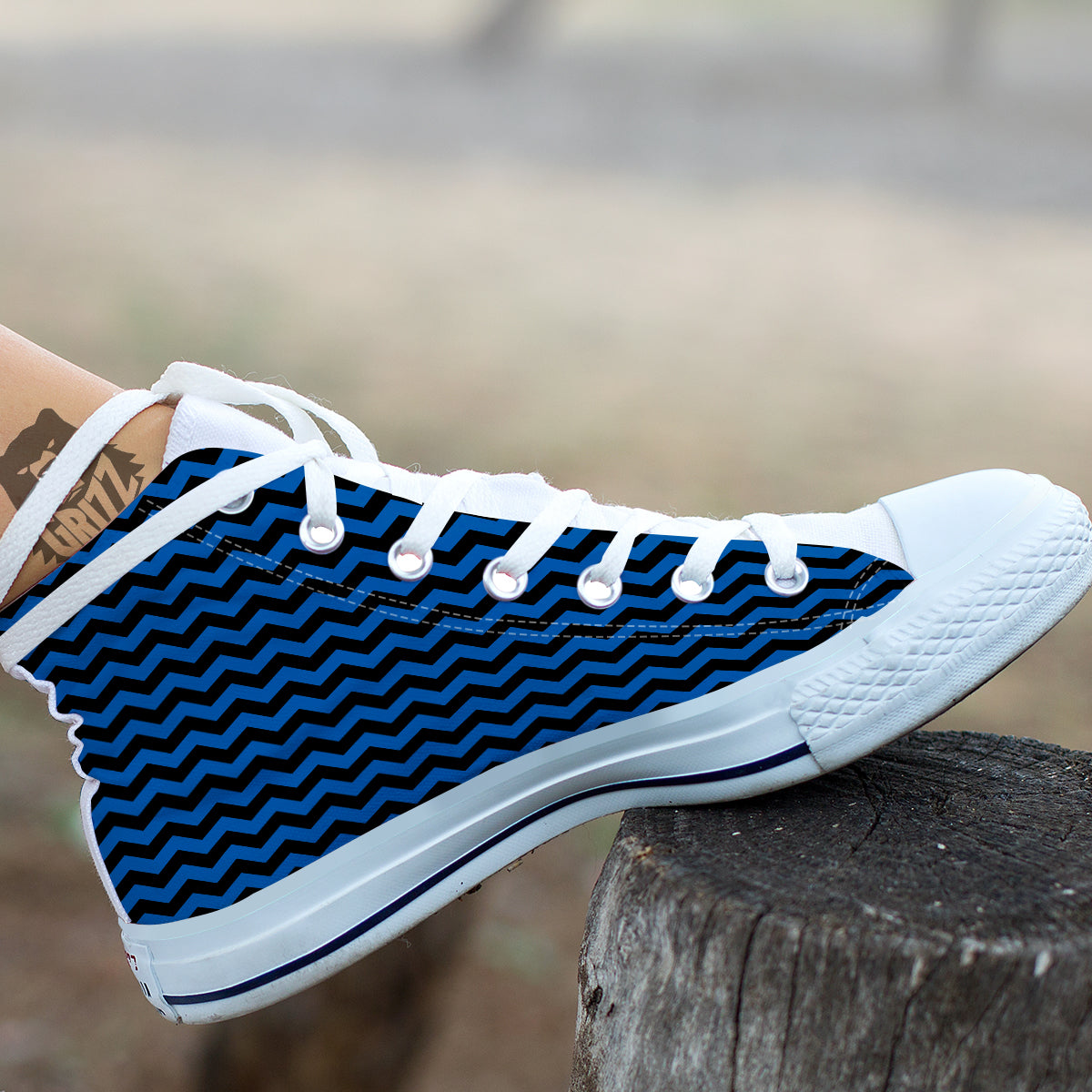 Chevron Blue And Black Print Pattern White High Top Shoes-grizzshop
