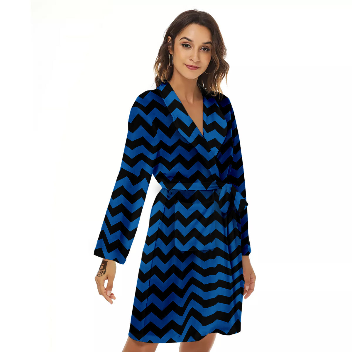 Chevron Blue And Black Print Pattern Women's Robe-grizzshop
