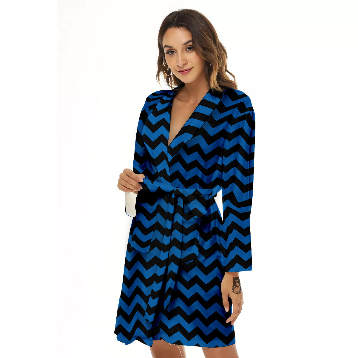 Chevron Blue And Black Print Pattern Women's Robe-grizzshop