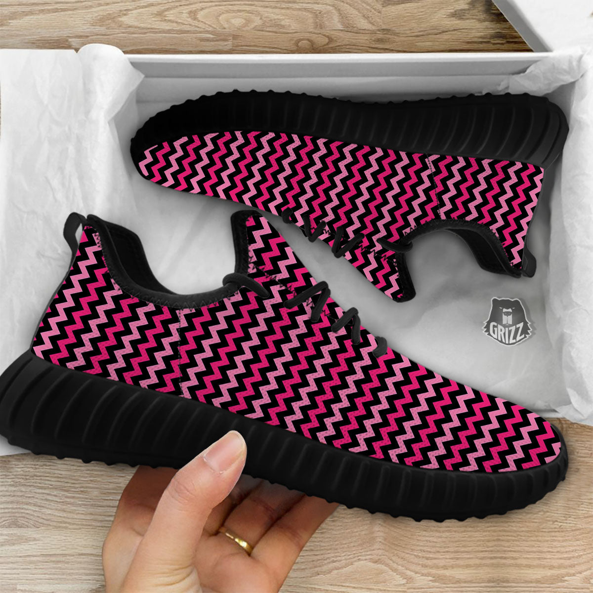 Chevron Pink And Black Print Pattern Black Walking Shoes-grizzshop