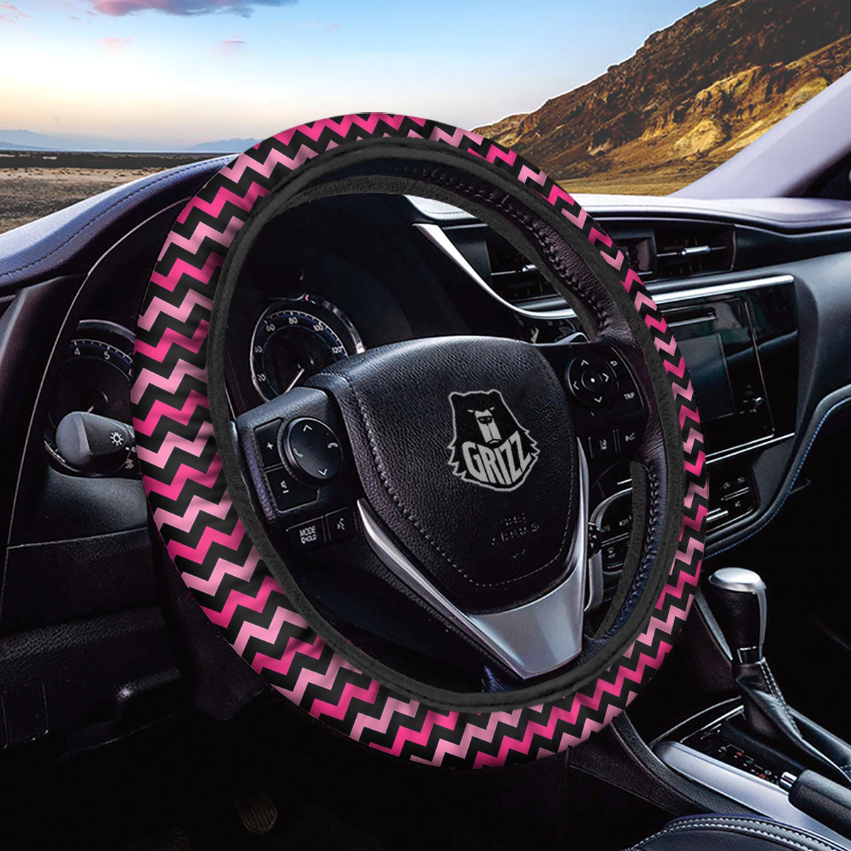 Chevron Pink And Black Print Pattern Car Steering Wheel Cover-grizzshop
