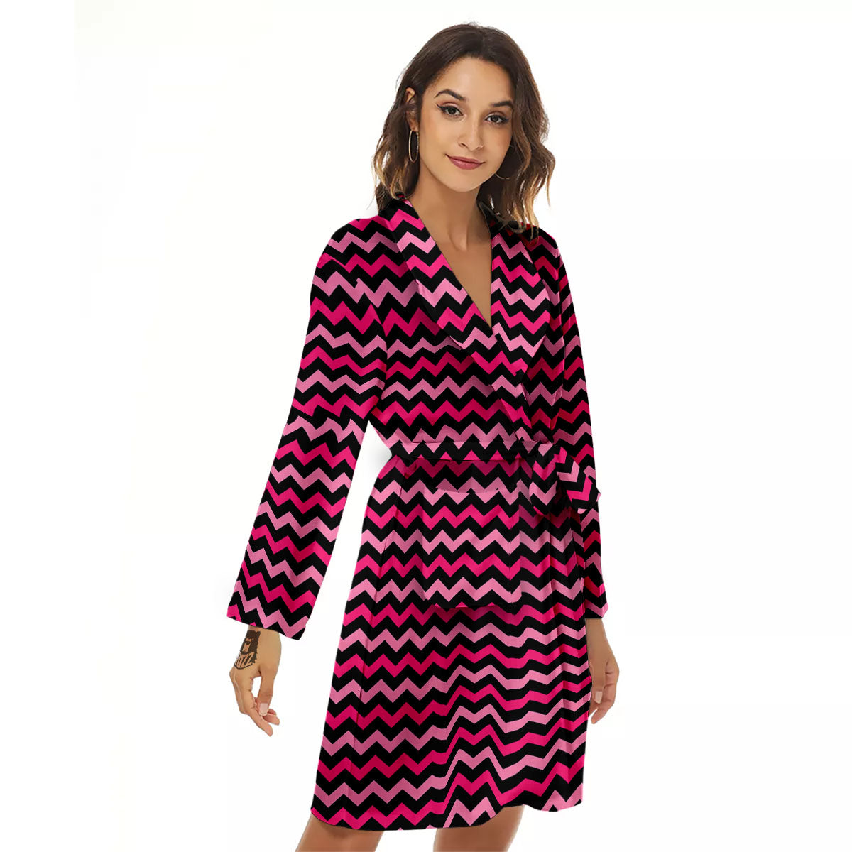 Chevron Pink And Black Print Pattern Women's Robe-grizzshop