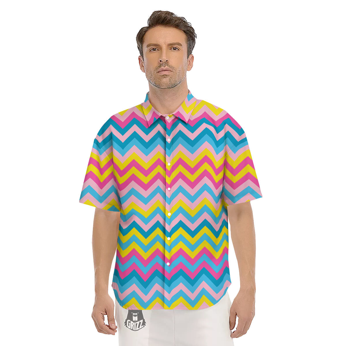 Chevron Rainbow Print Pattern Men's Short Sleeve Shirts-grizzshop