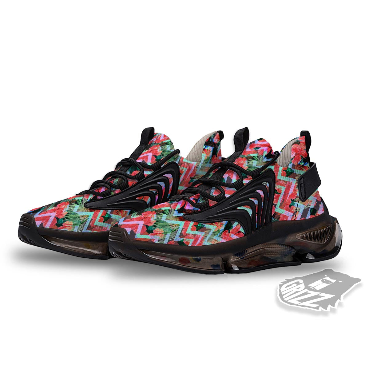 Chevron Red Hibiscus Print Pattern Black Gym Shoes-grizzshop