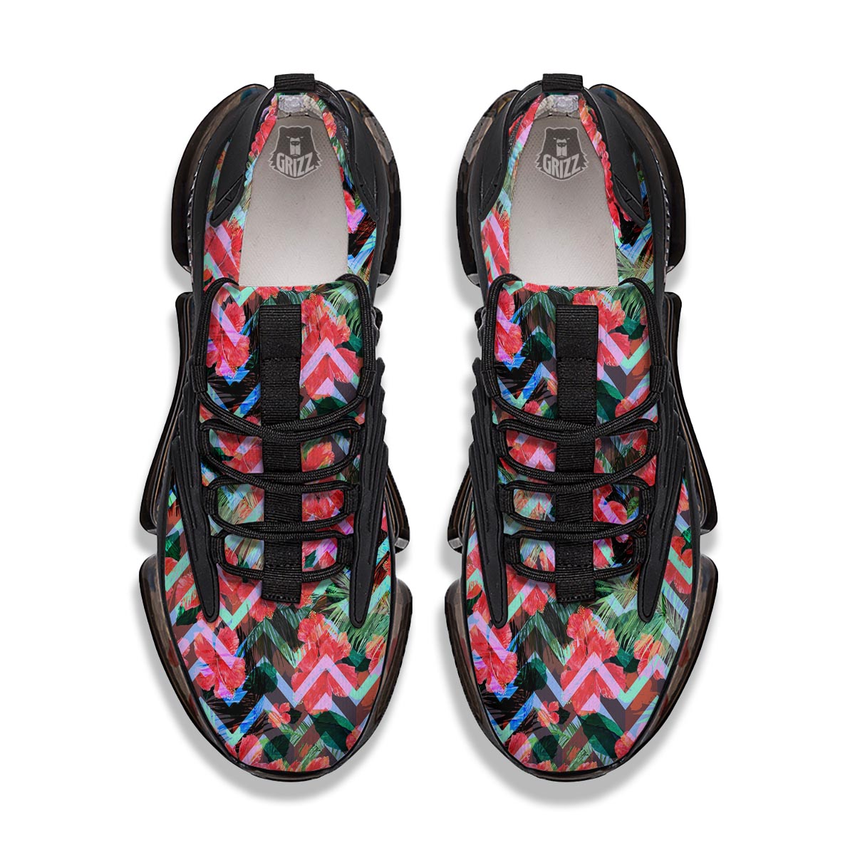 Chevron Red Hibiscus Print Pattern Black Gym Shoes-grizzshop