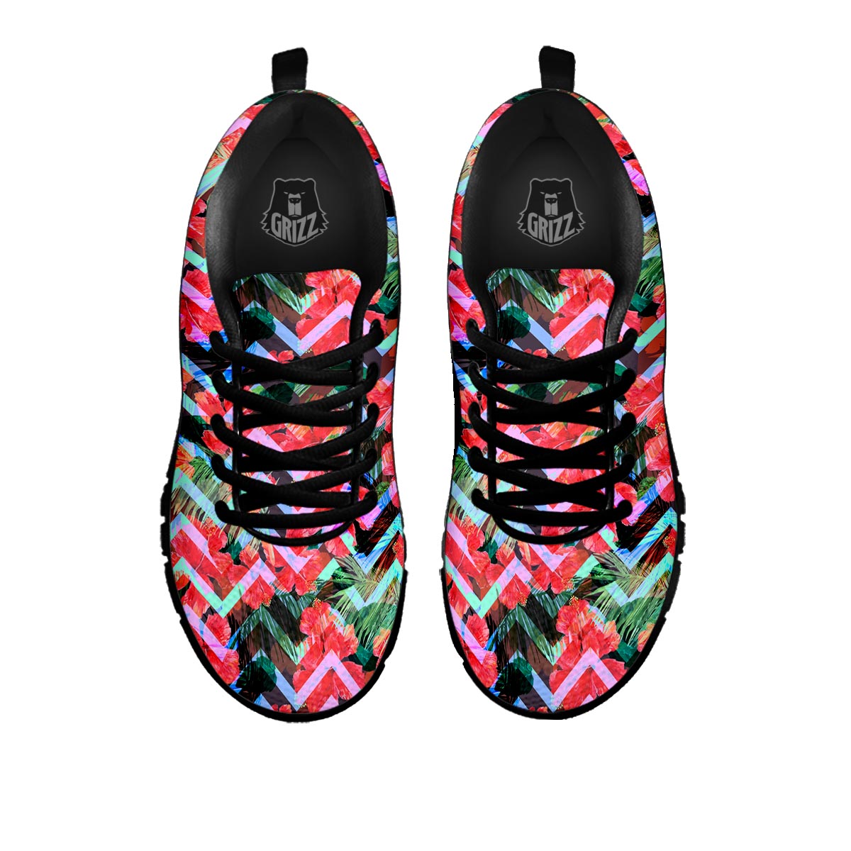 Chevron Red Hibiscus Print Pattern Black Sneaker-grizzshop