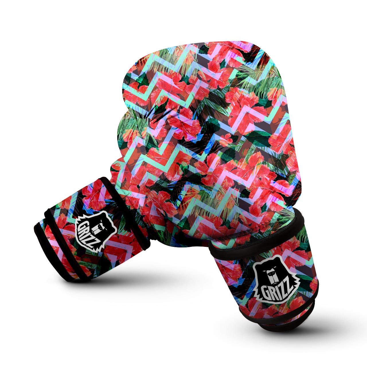 Chevron Red Hibiscus Print Pattern Boxing Gloves-grizzshop