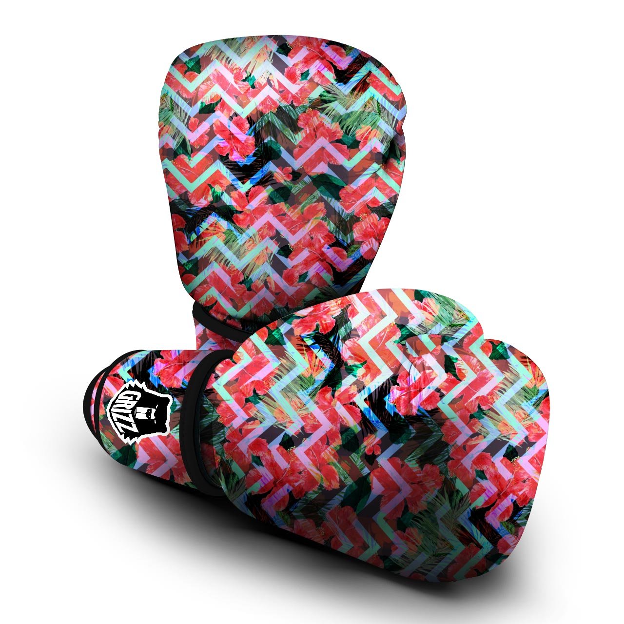 Chevron Red Hibiscus Print Pattern Boxing Gloves-grizzshop