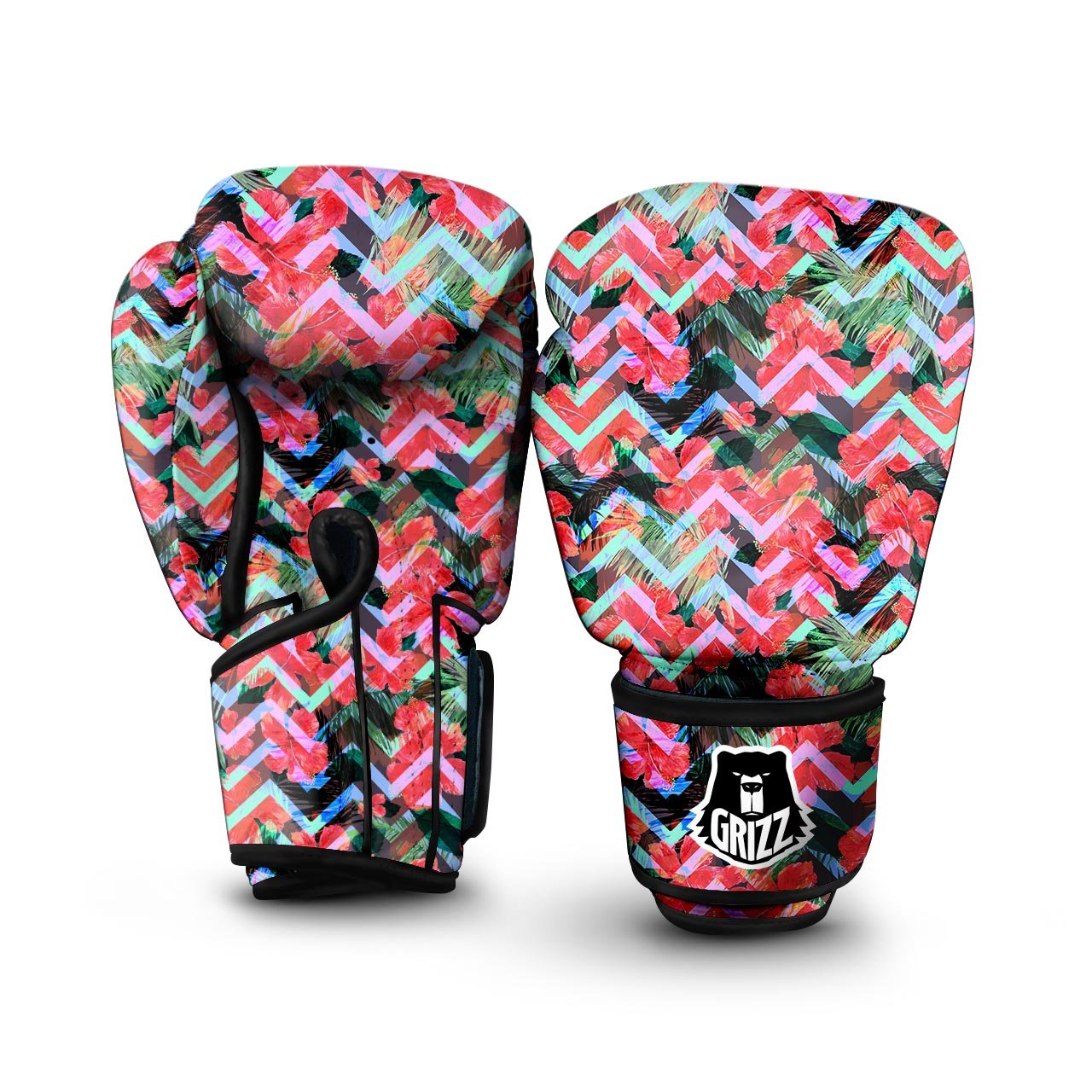 Chevron Red Hibiscus Print Pattern Boxing Gloves-grizzshop
