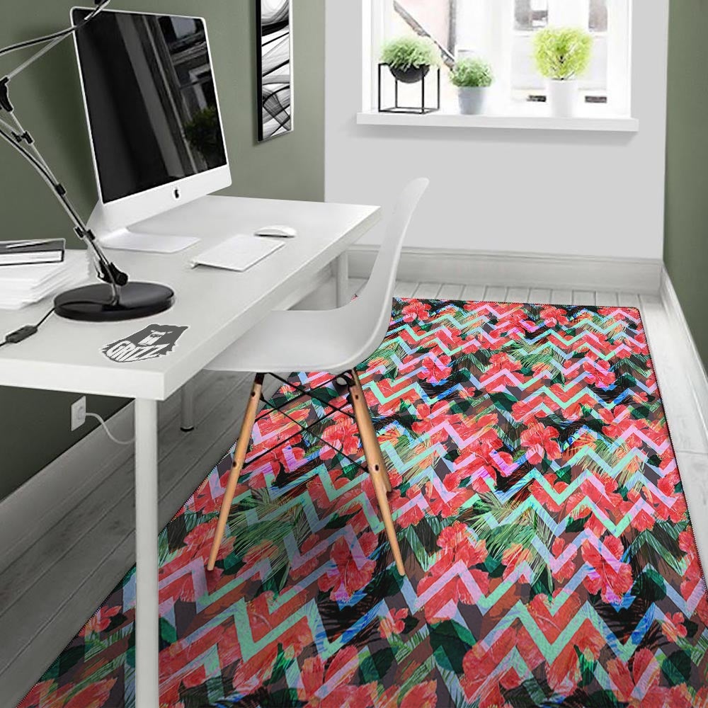 Chevron Red Hibiscus Print Pattern Floor Mat-grizzshop