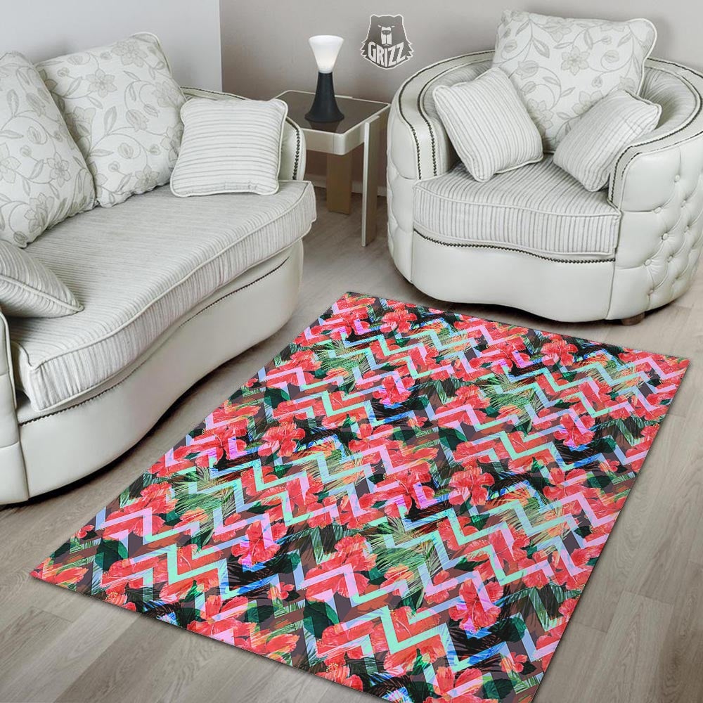 Chevron Red Hibiscus Print Pattern Floor Mat-grizzshop