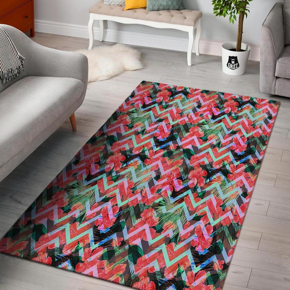 Chevron Red Hibiscus Print Pattern Floor Mat-grizzshop