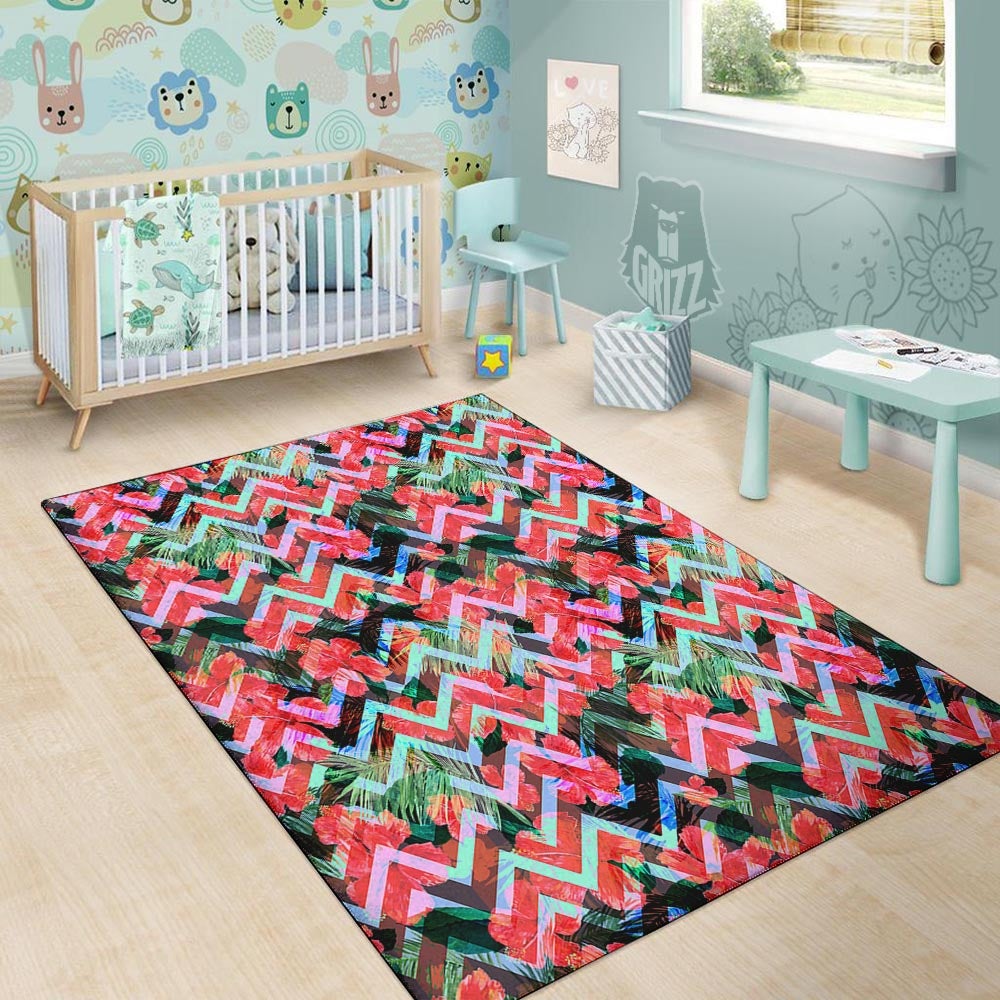 Chevron Red Hibiscus Print Pattern Floor Mat-grizzshop