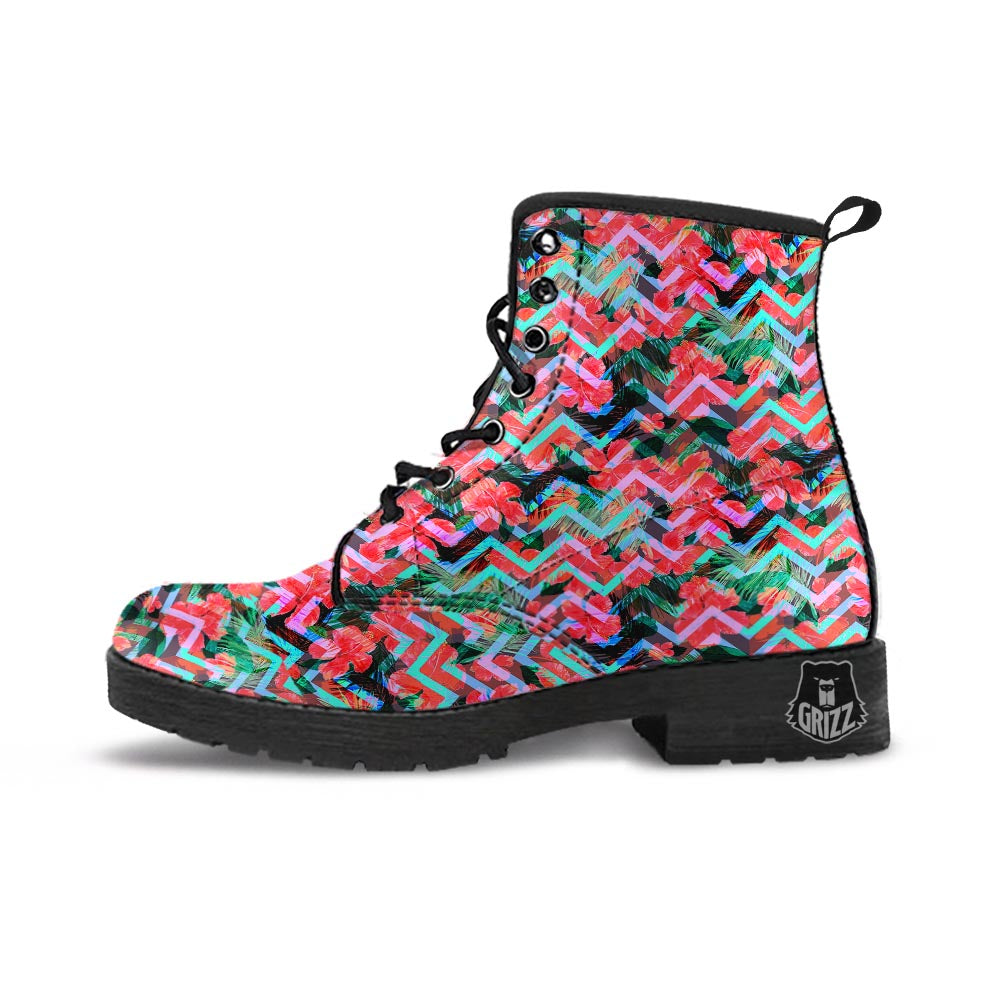 Chevron Red Hibiscus Print Pattern Leather Boots-grizzshop