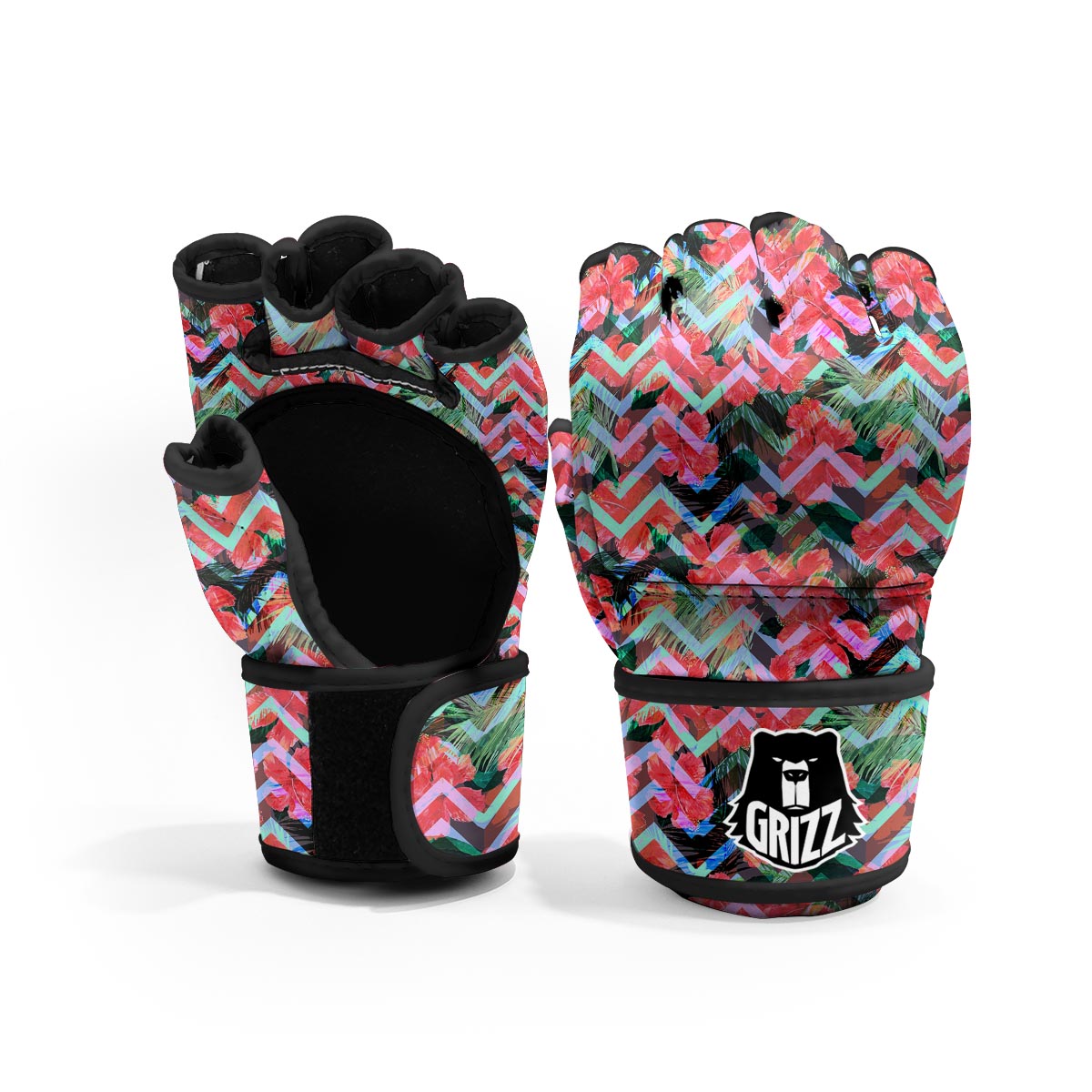 Chevron Red Hibiscus Print Pattern MMA Gloves-grizzshop