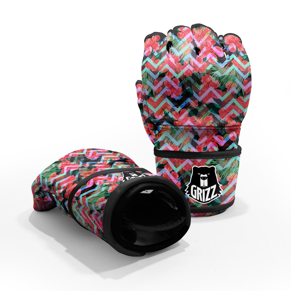Chevron Red Hibiscus Print Pattern MMA Gloves-grizzshop