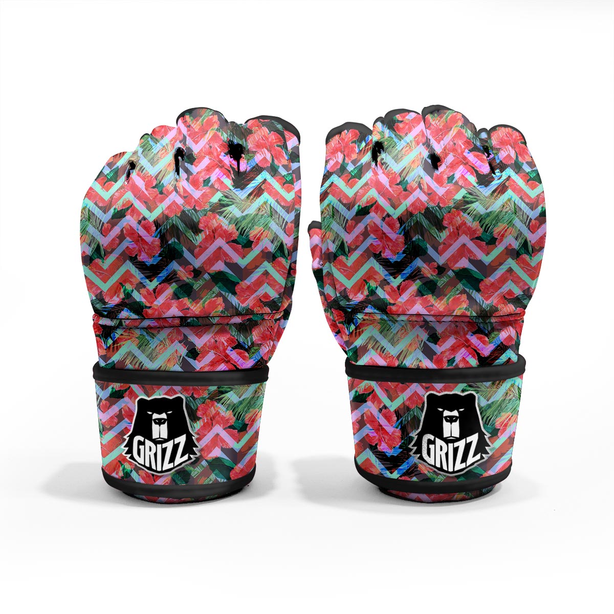 Chevron Red Hibiscus Print Pattern MMA Gloves-grizzshop