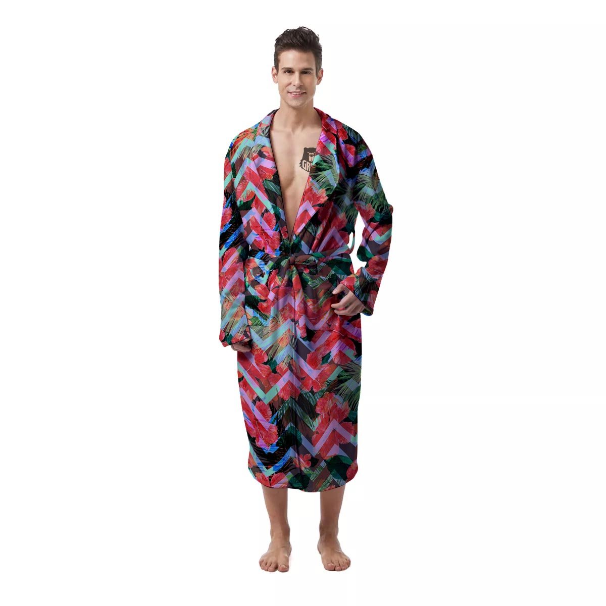 Chevron Red Hibiscus Print Pattern Men's Robe