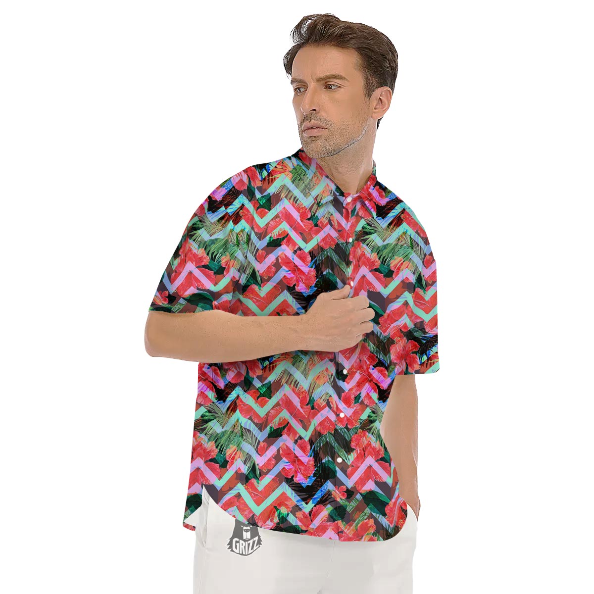 Chevron Red Hibiscus Print Pattern Men's Short Sleeve Shirts-grizzshop