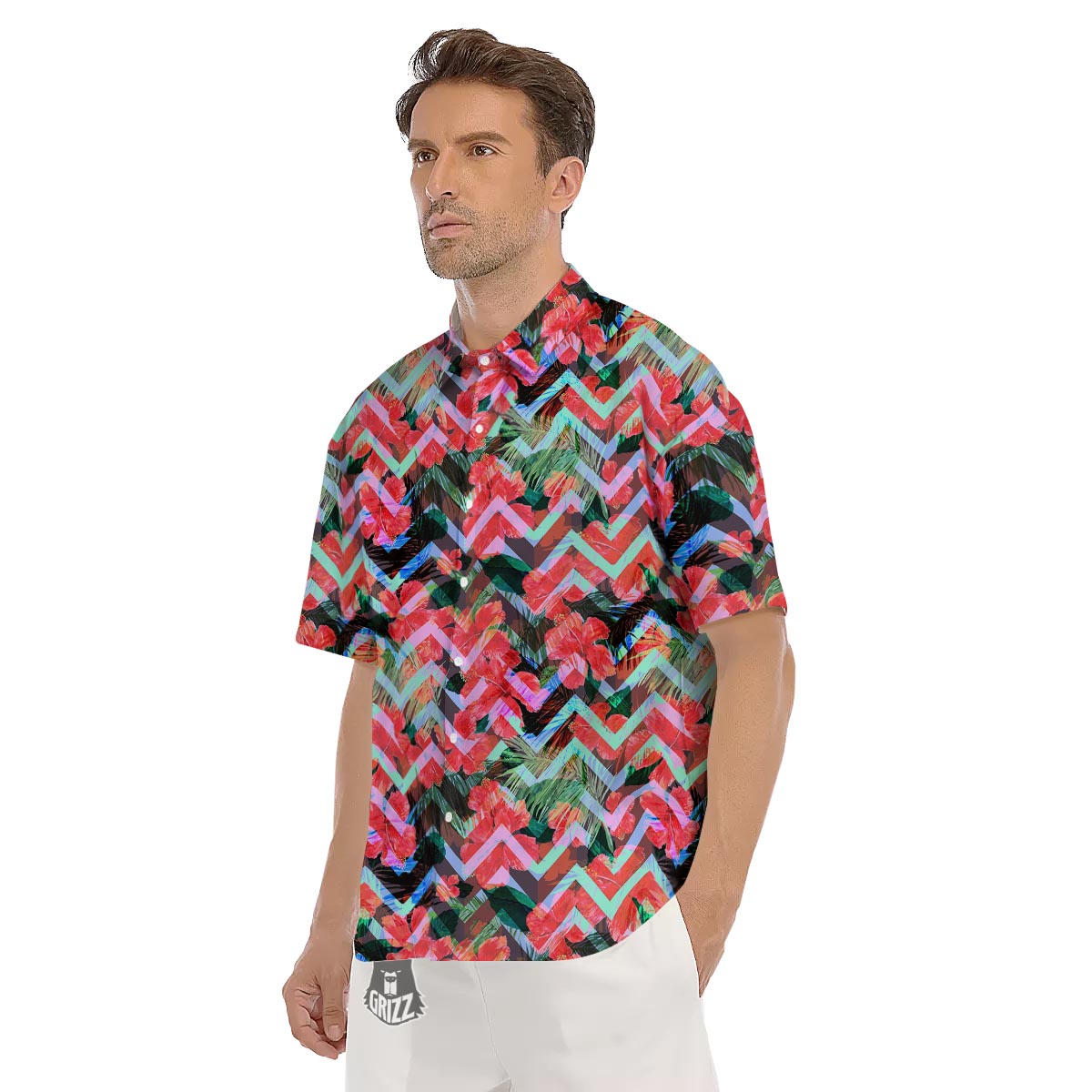 Chevron Red Hibiscus Print Pattern Men's Short Sleeve Shirts-grizzshop