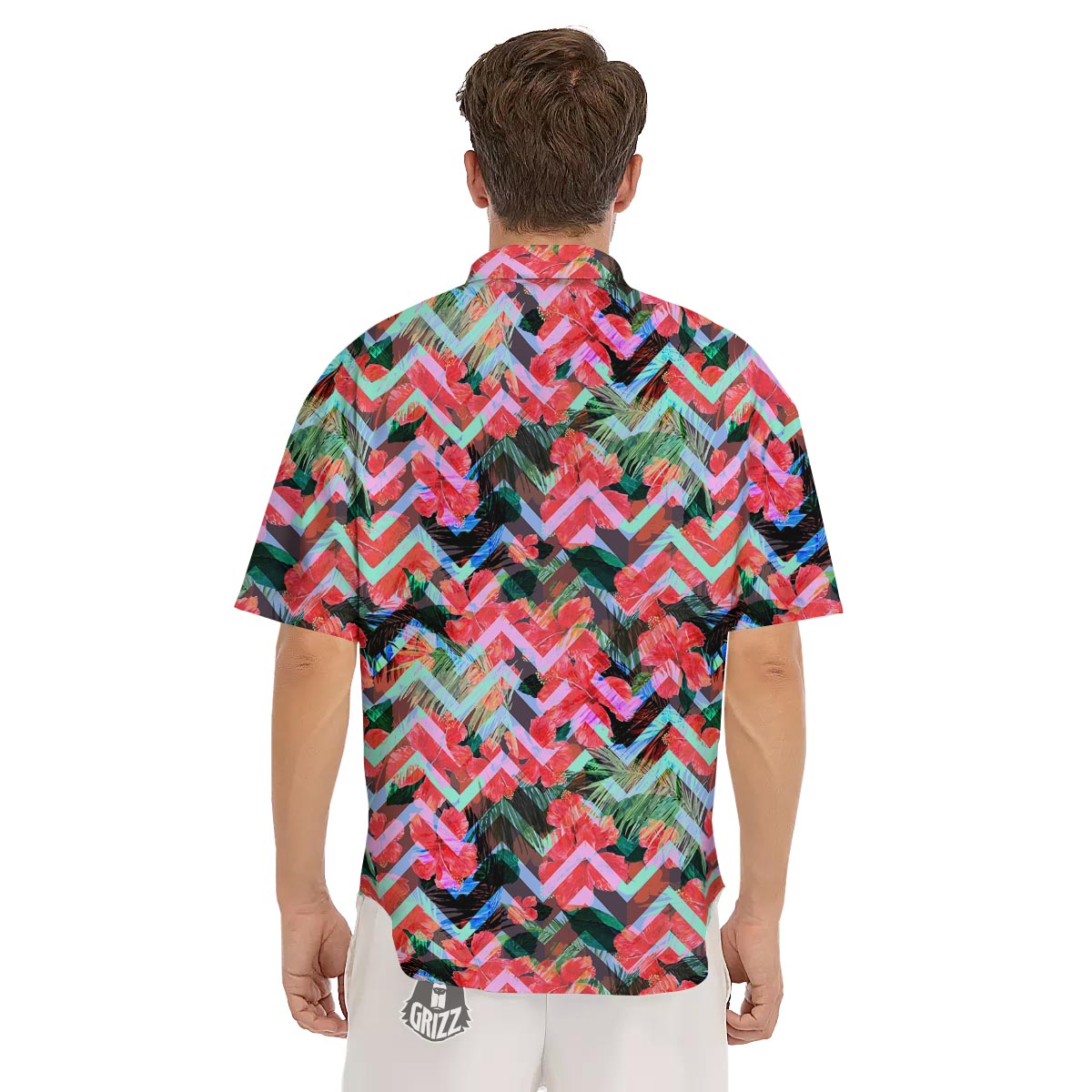 Chevron Red Hibiscus Print Pattern Men's Short Sleeve Shirts-grizzshop