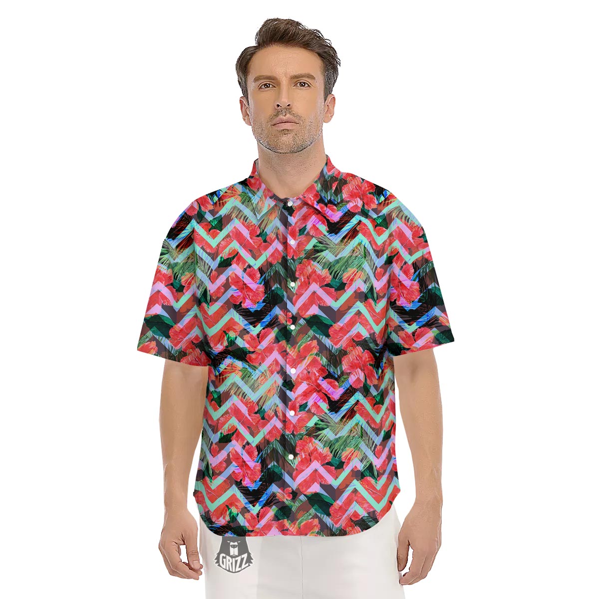 Chevron Red Hibiscus Print Pattern Men's Short Sleeve Shirts-grizzshop