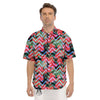 Chevron Red Hibiscus Print Pattern Men's Short Sleeve Shirts-grizzshop